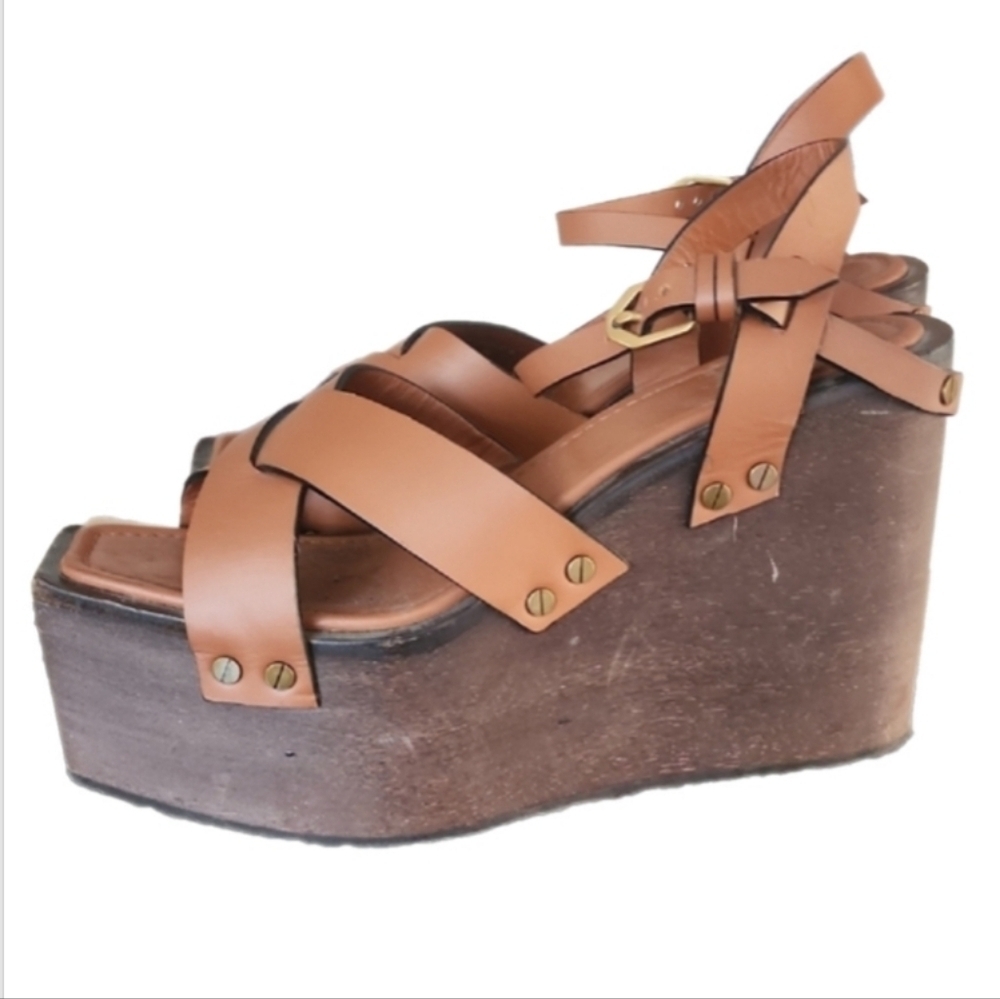 FRAME Denim Brown Leather Platform Sandals | 70s Boho Wedge | Size 40.5